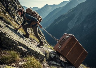 image of person in the mountain dragging their luggage behind them on a steep slope